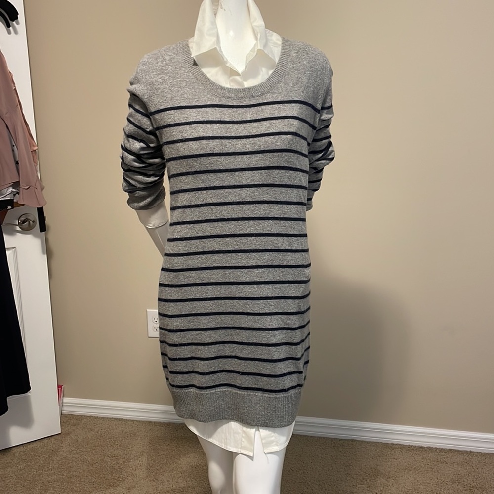 Rag & Bone Wool Cashmere Striped Sweater Dress Gray Navy Blue Size L NWOT